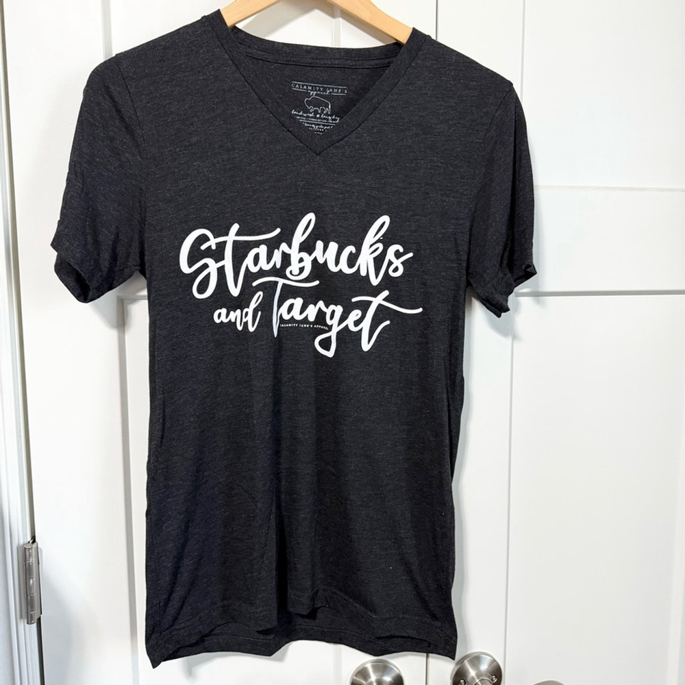 Calamity Jane Black heathered V-Neck Graphic T-Shirt shopping coffee size small